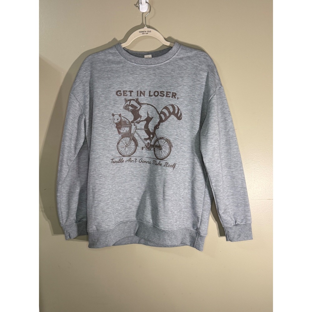 Get In Loser Raccoon Opossum Bicycle Sweatshirt Gray Graphic Pullover Large